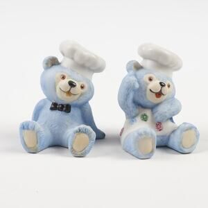 Chef Blue Bear Ceramic Salt & Pepper Shaker Set & Stoppers Made In Korea